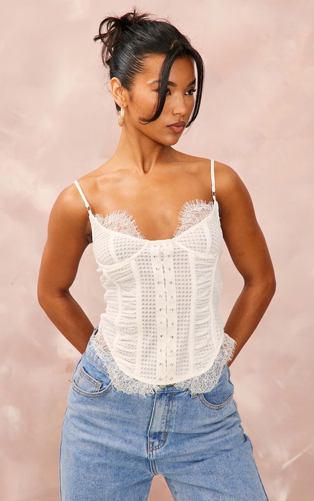 White Textured Lace Up Pleated Lace Detail Long Top, White