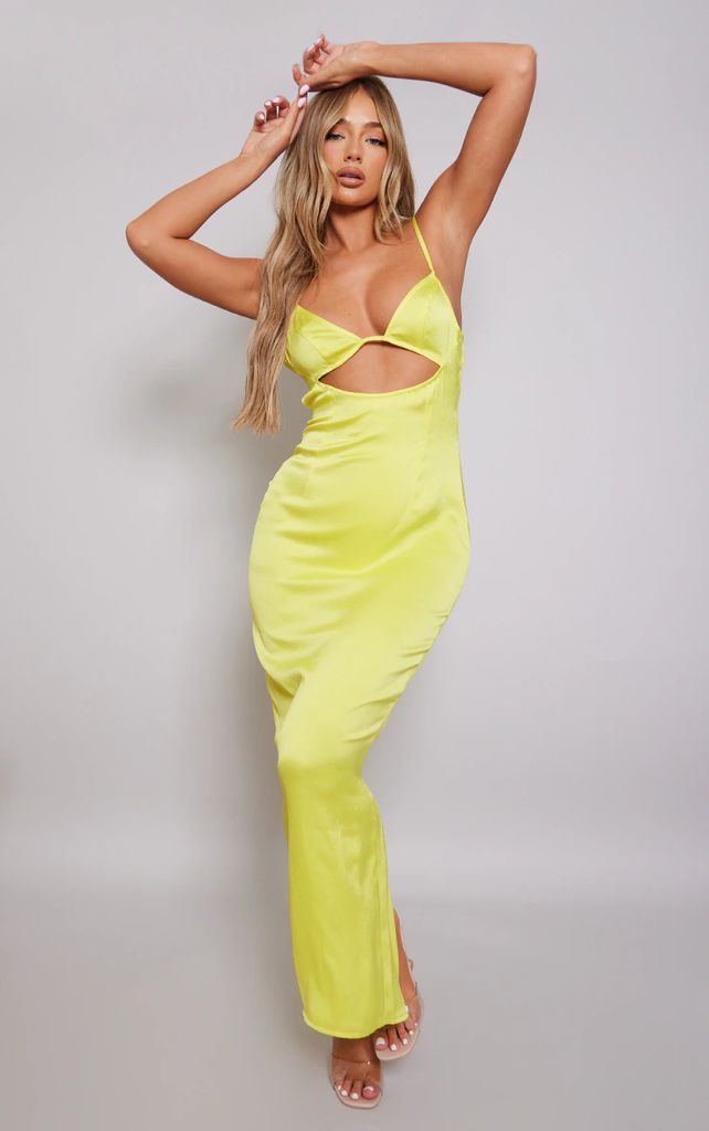 Yellow Satin Cut Out Strappy Back Detail Midaxi Dress, Yellow
