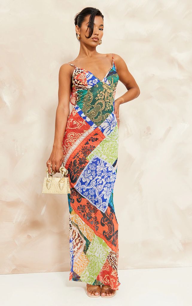 Multi Patchwork Paisley Print Strappy Backless Maxi Dress, Multi
