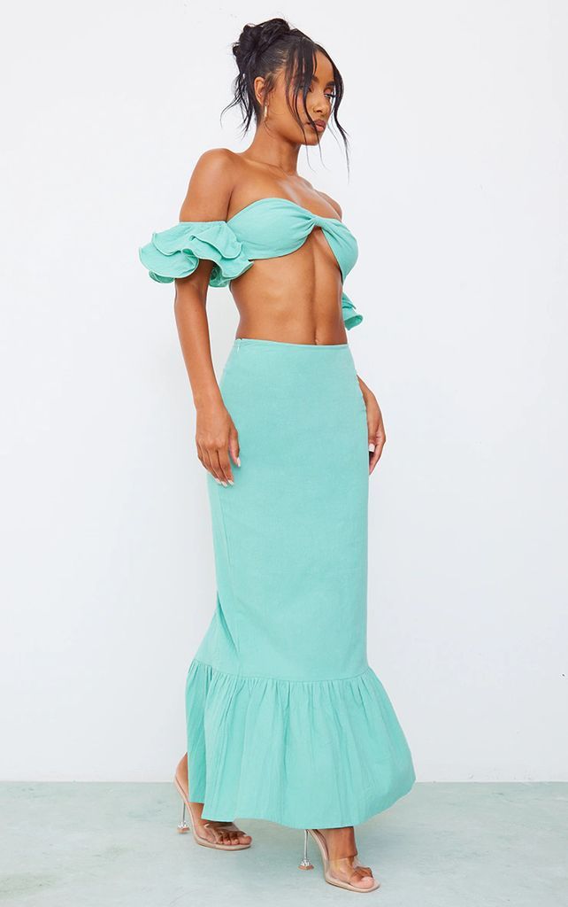 Aqua Linen Look High Waist Split Hem Midi Skirt, Blue