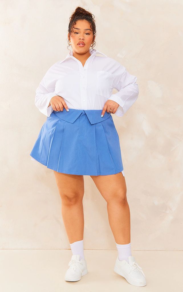Plus Blue Fold Over Detail Pleated Mini Skirt, Blue