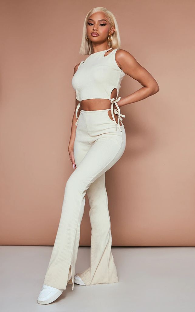 Sand Wide Rib Cut Out Side Flared Trousers