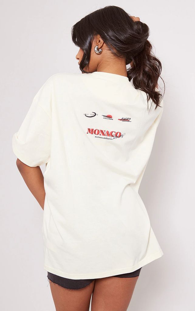 Cream Monaco Racing Back Puff Print T Shirt, White