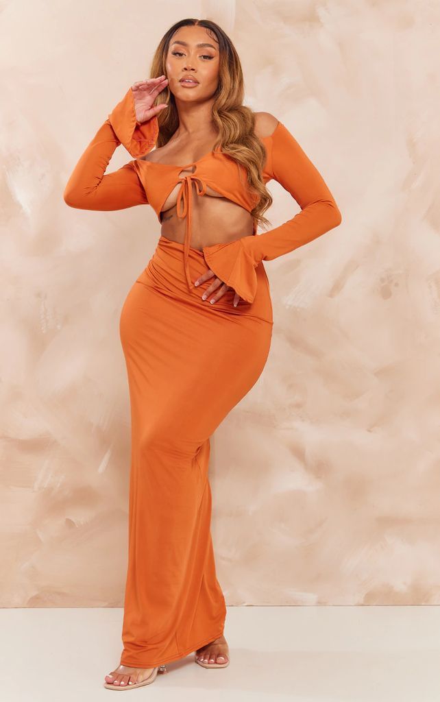 Shape Orange Slinky Cut Out Detail Long Sleeve Maxi Dress, Orange