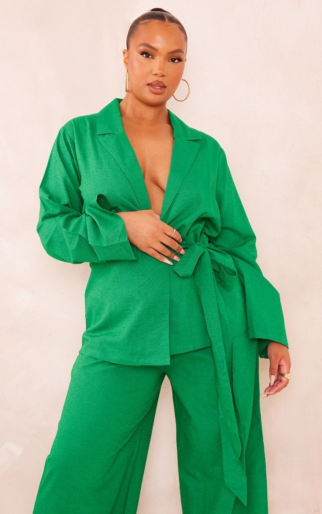 Plus Bright Green Linen Look Tie Front Shirt, Bright Green