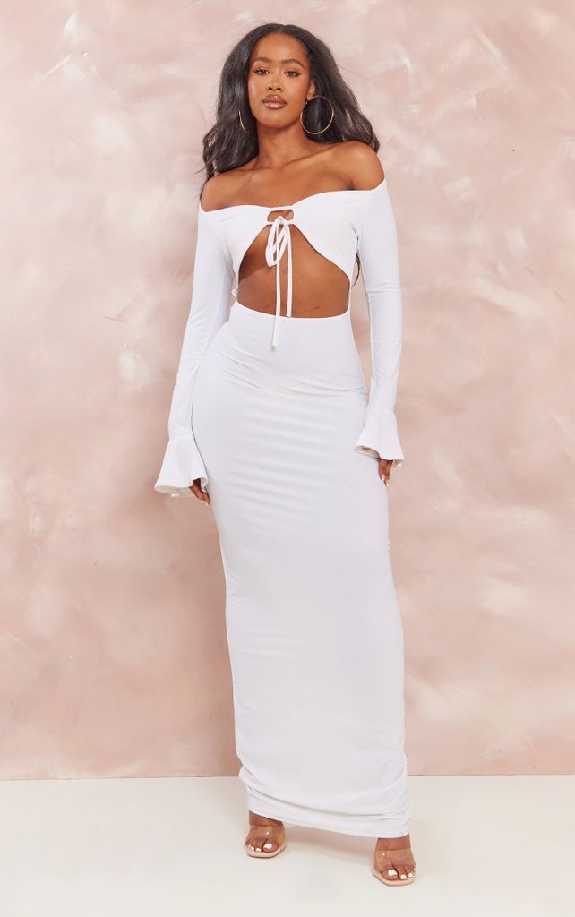 Shape White Slinky Cut Out Detail Long Sleeve Maxi Dress, White