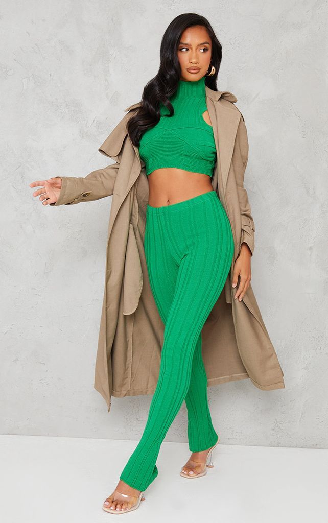 Petite Bright Green Knitted High Waisted Flare Trousers