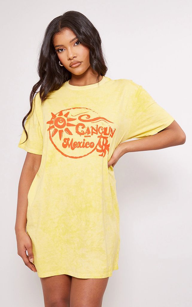Mustard Acid Wash Cancun Slogan T Shirt Dress, Mustard