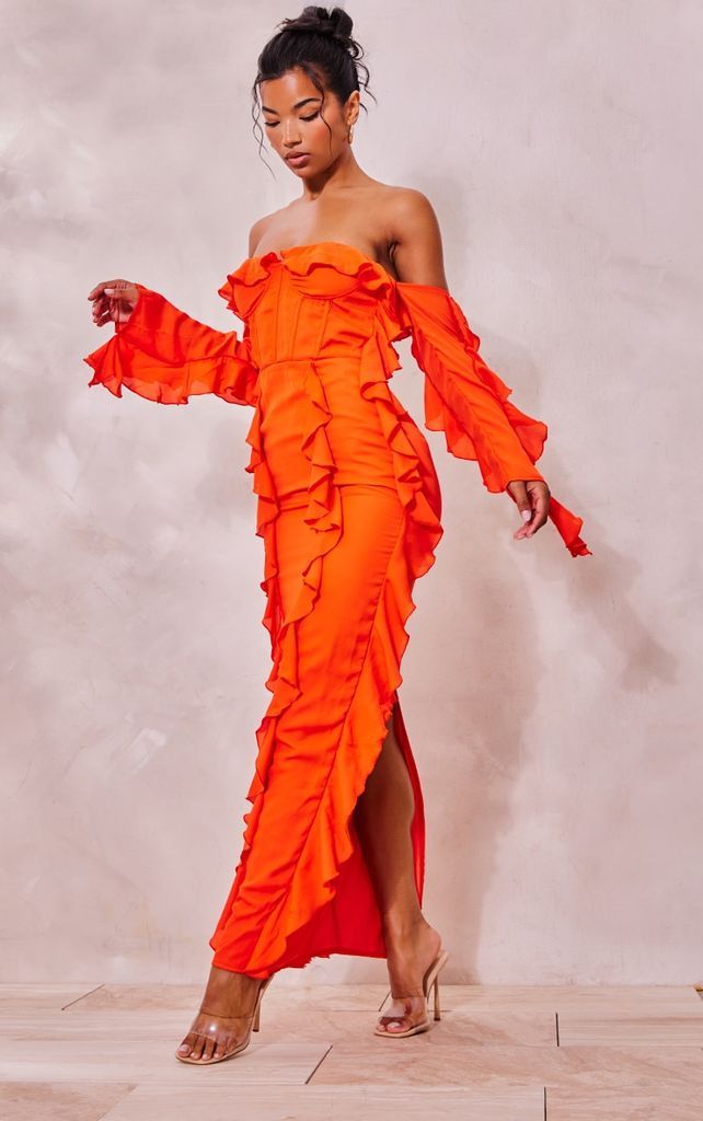 Burnt Orange Chiffon Frill Corset Long Sleeve Maxi Dress, Orange