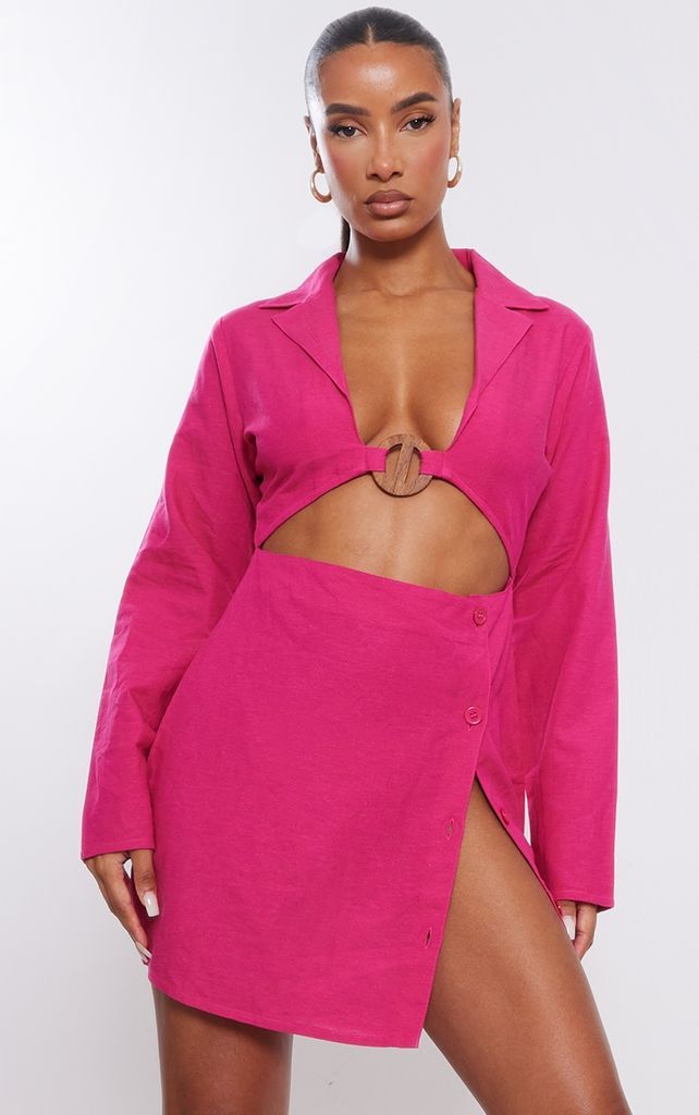 Hot Pink Linen Trim Detail Cut Out Blazer Dress, Hot Pink