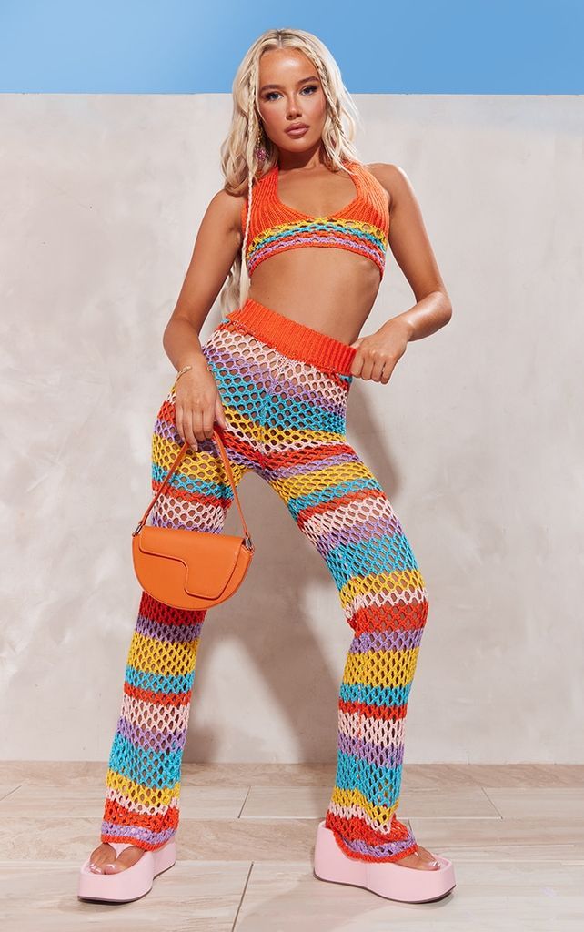 Multi Stripe Crochet Knit Trousers, Multi
