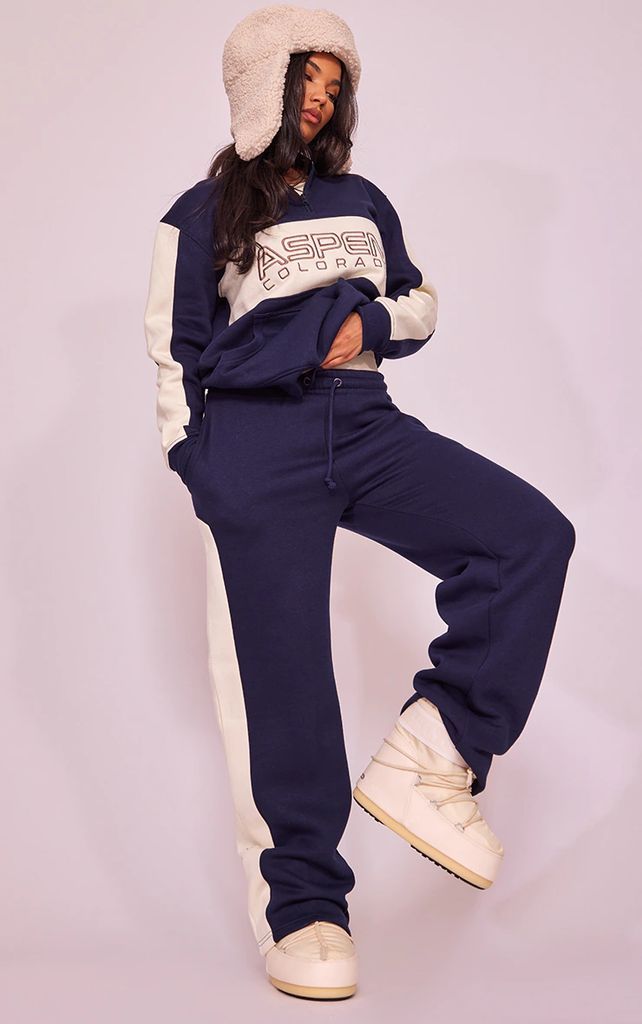 Navy Blue Aspen Embroidered Paneled Oversized Wide Leg Trousers