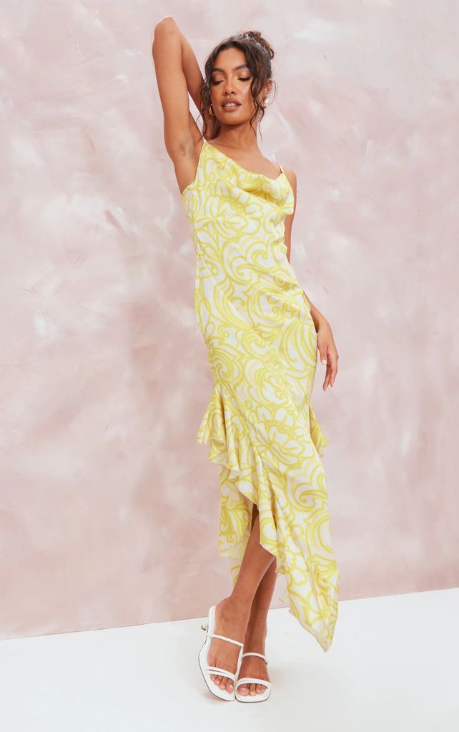 Lemon Floral Print Frill Satin Cowl Maxi Dress, Lemon