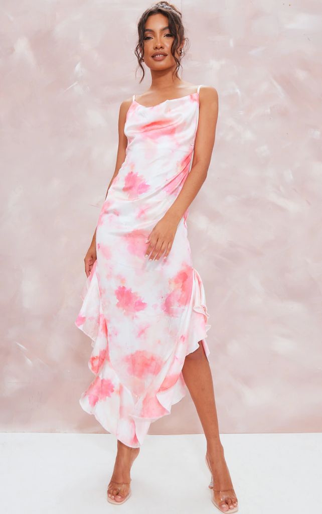 Pink Abstract Print Frill Satin Cowl Maxi Dress, Pink