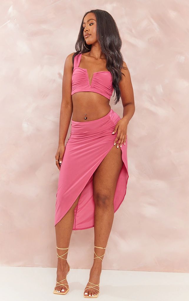 Shape Bright Pink Slinky Asymmetric Midi Skirt, Bright Pink