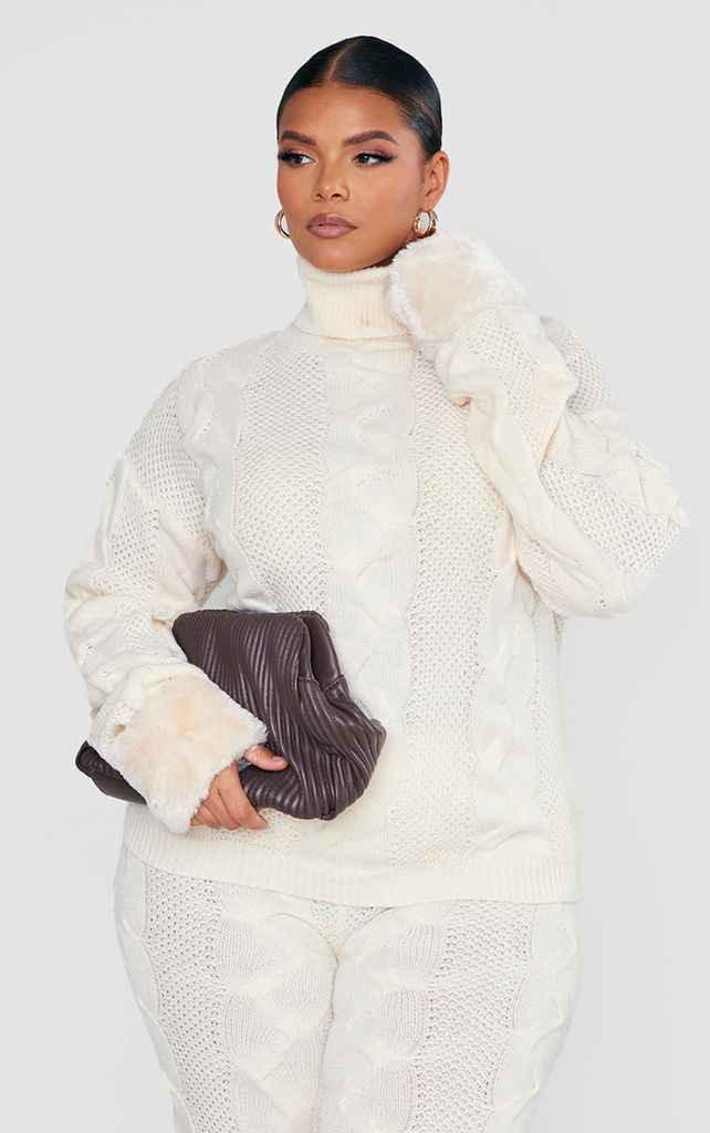 Plus Cream Cable Knit High Neck Jumper