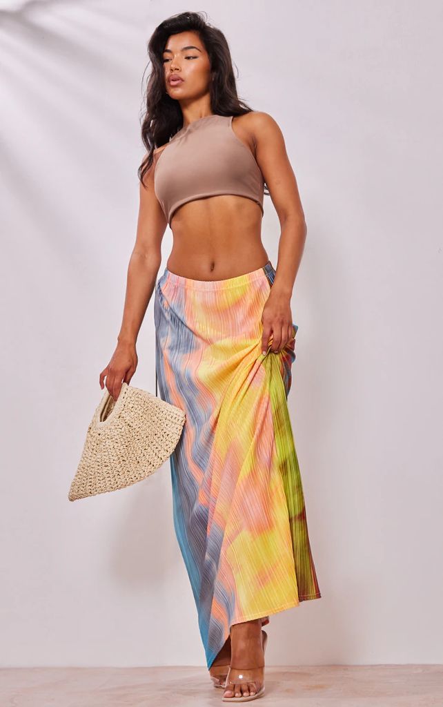 Yellow Ombre Printed Plisse Maxi Skirt, Yellow