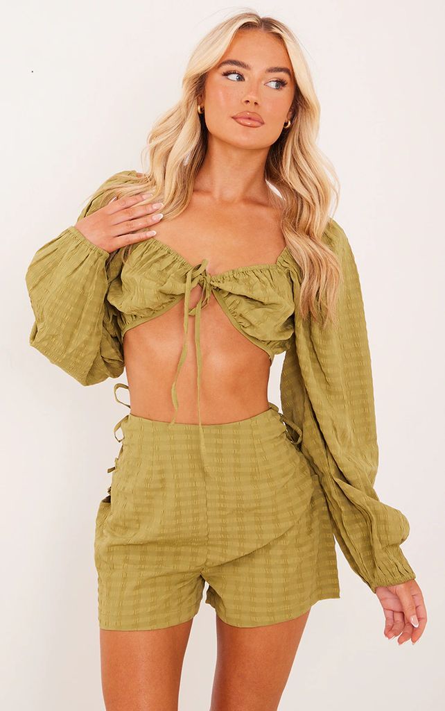 Olive Textured Woven Tie Front Balloon Sleeve Blouse, Green