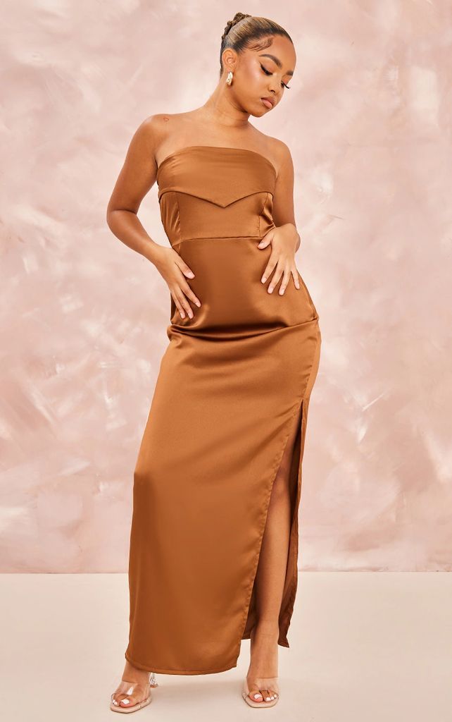 Petite Chocolate Brown Satin Overlay Split Midaxi Dress, Chocolate Brown