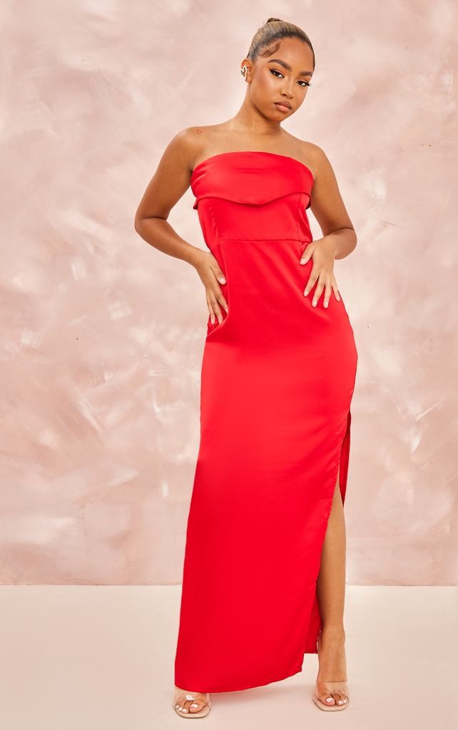 Petite Red Satin Overlay Split Midaxi Dress, Red