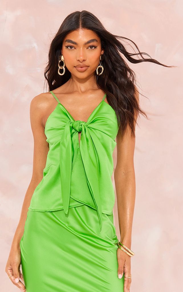 Tall Green Satin Tie Front Long Top, Green