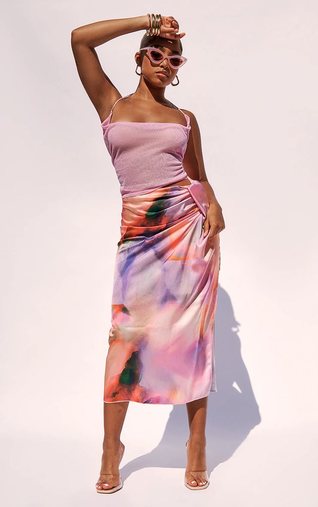 Petite Pink Abstract Print Satin Drape Midaxi Skirt, Pink