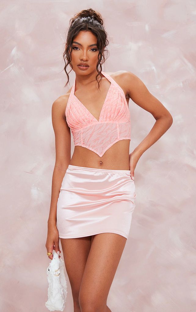 Pink Textured Pleated Bust Pointed Hem Boned Crop Top, Pink