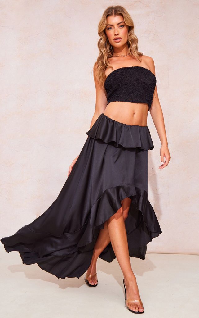 Black Satin Waterfall Front Maxi Skirt, Black