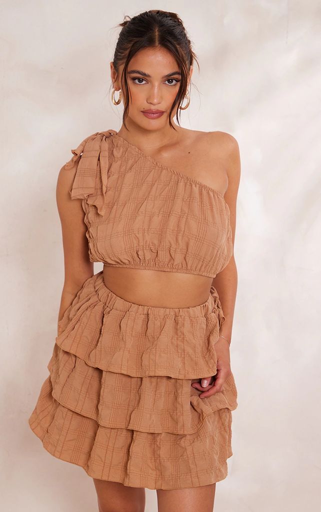 Mocha Textured Woven Tiered Mini Skirt, Brown