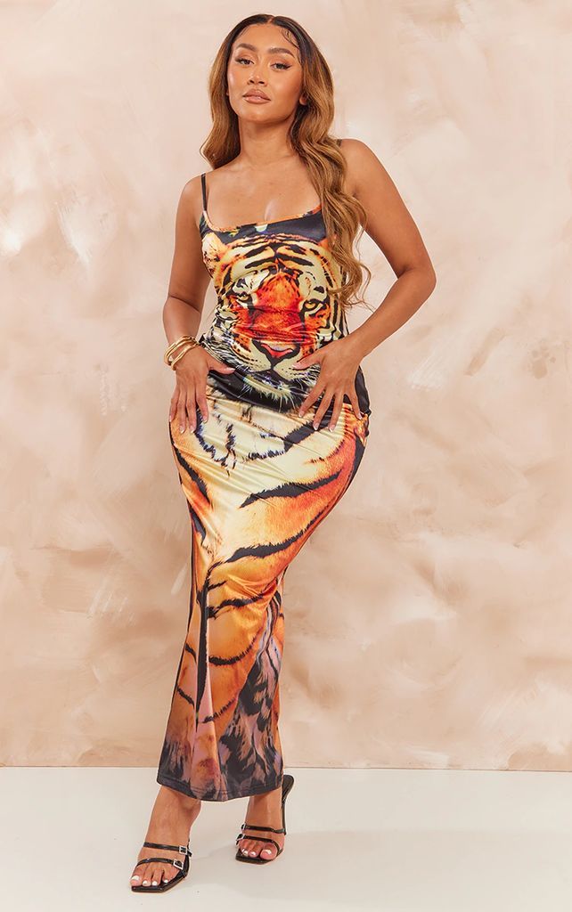 Shape Orange Satin Tiger Print Strappy Maxi Dress, Orange