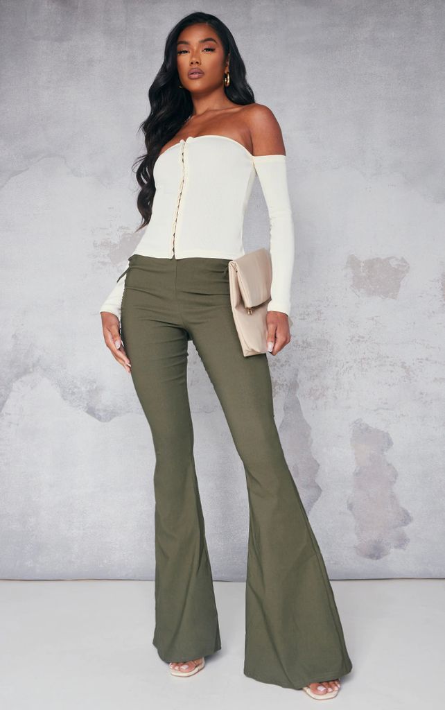 Khaki Stretch Woven Cut Out Side Flare Trousers