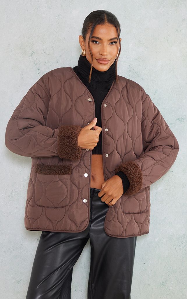 Chocolate Wave Quilted Collarless Borg Lined Puffer