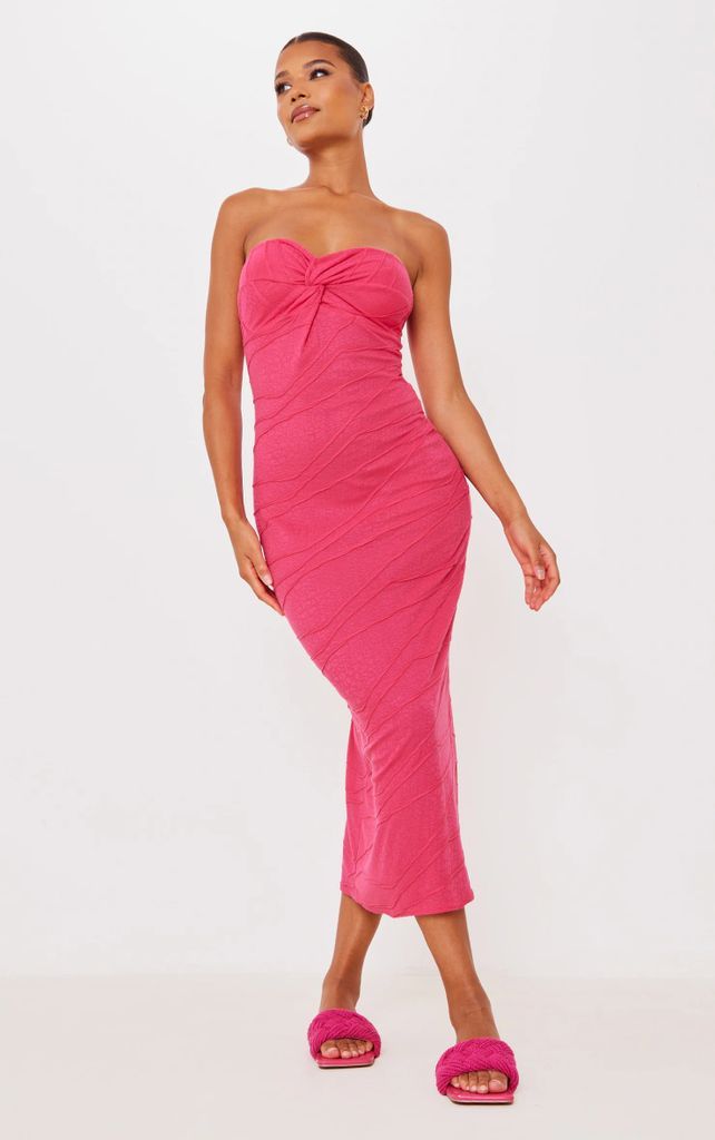 Hot Pink Textured Twist Bandeau Midaxi Dress, Hot Pink