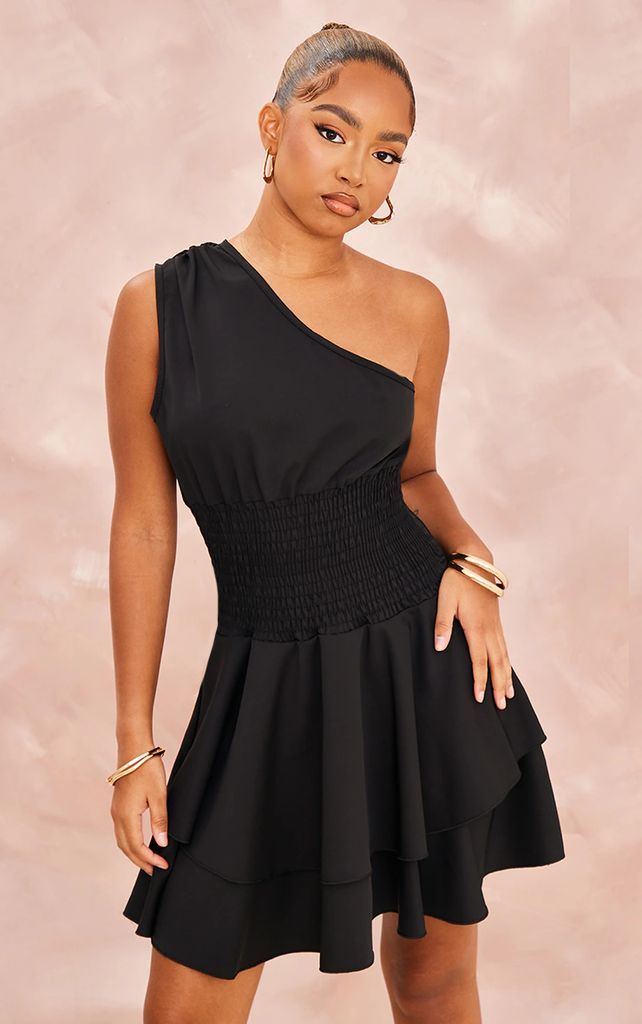 Petite Black One Shoulder Frill Dress, Black