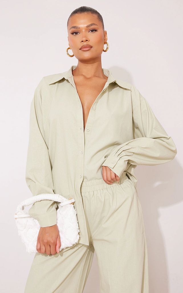 Sage Khaki Linen Look Oversize Button Up Shirt, Sage Khaki