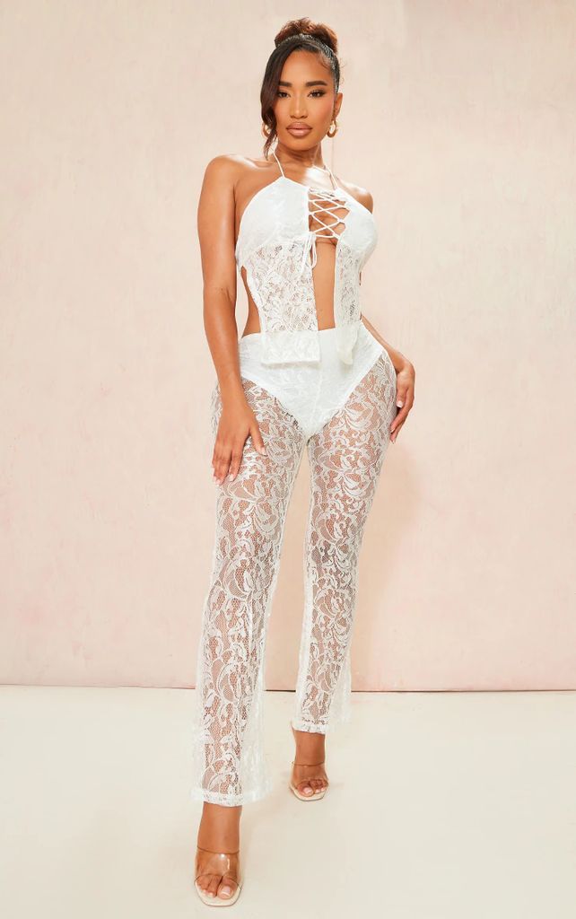 Shape White Lace Knicker Insert Flare Trousers, White