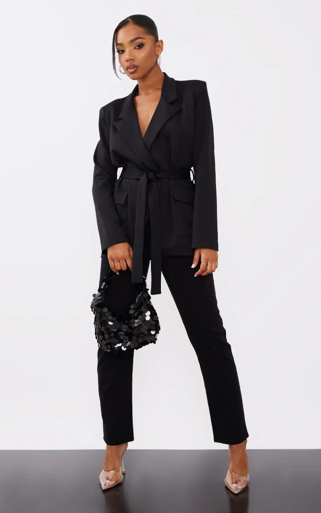 Black Basic Scuba Pocket Front Tie Waist Blazer