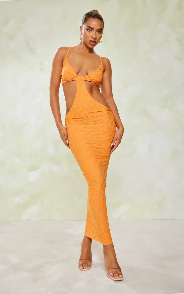 Tangerine Textured Cut Out Knot Detail Strappy Midaxi Dress, Tangerine