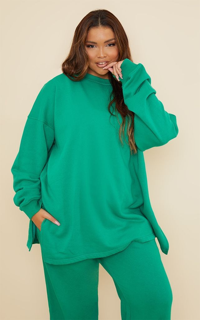 Plus Bright Green Oversized Split Hem Sweater, Bright Green