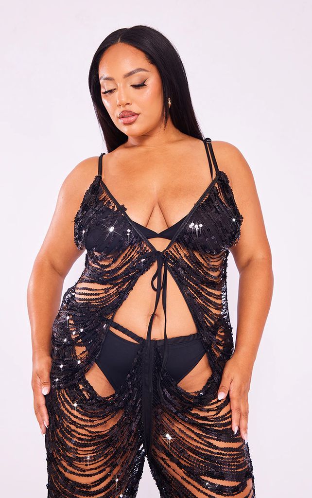 Premium Plus Black Sequin Strappy Top, Black