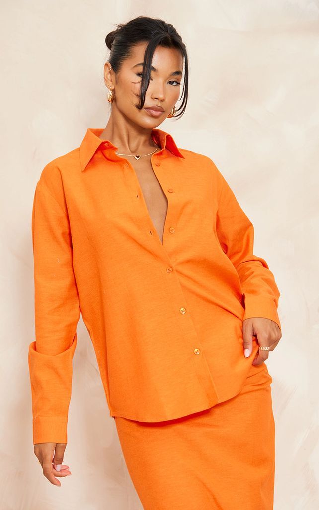 Orange Linen Look Long Sleeve Oversized Longline Shirt, Orange