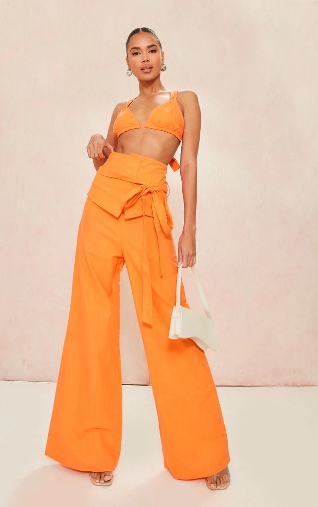 Bright Orange Linen Look Oversized Belted High Waisted Wide Leg Trousers, Bright Orange