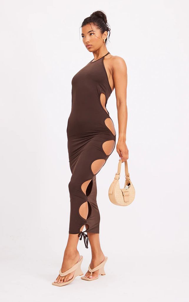 Chocolate Slinky Extreme Cut Out Halter Midaxi Dress, Chocolate