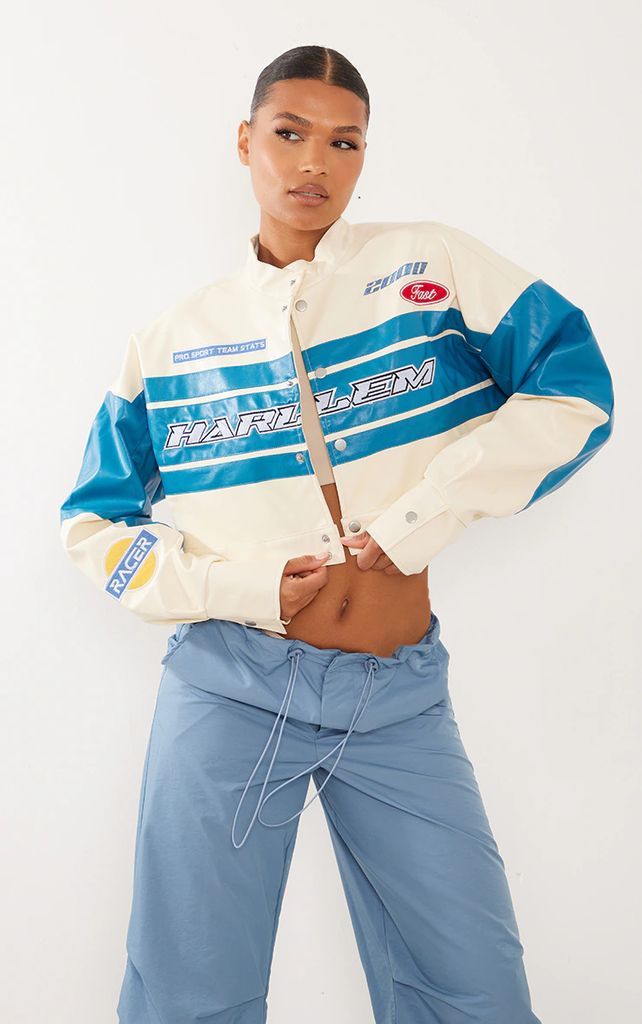Blue Stripe Front Boxy Cropped Faux Leather Racer Jacket, Blue