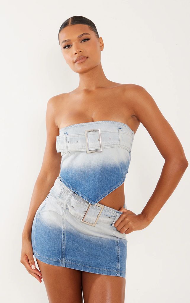Faded Mid Blue Wash Belted Denim Top, Mid Blue Wash
