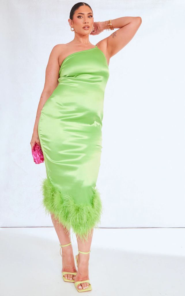 Plus Lime Satin Feather Trim One Shoulder Midi Dress, Green