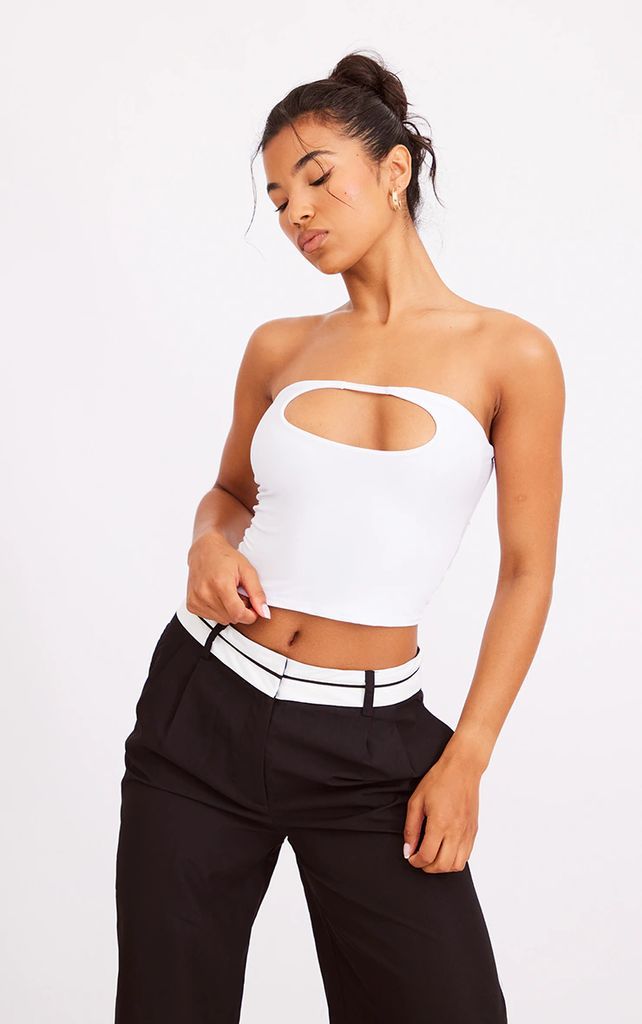 White Slinky Cut Out Bead Detail Crop Top, White