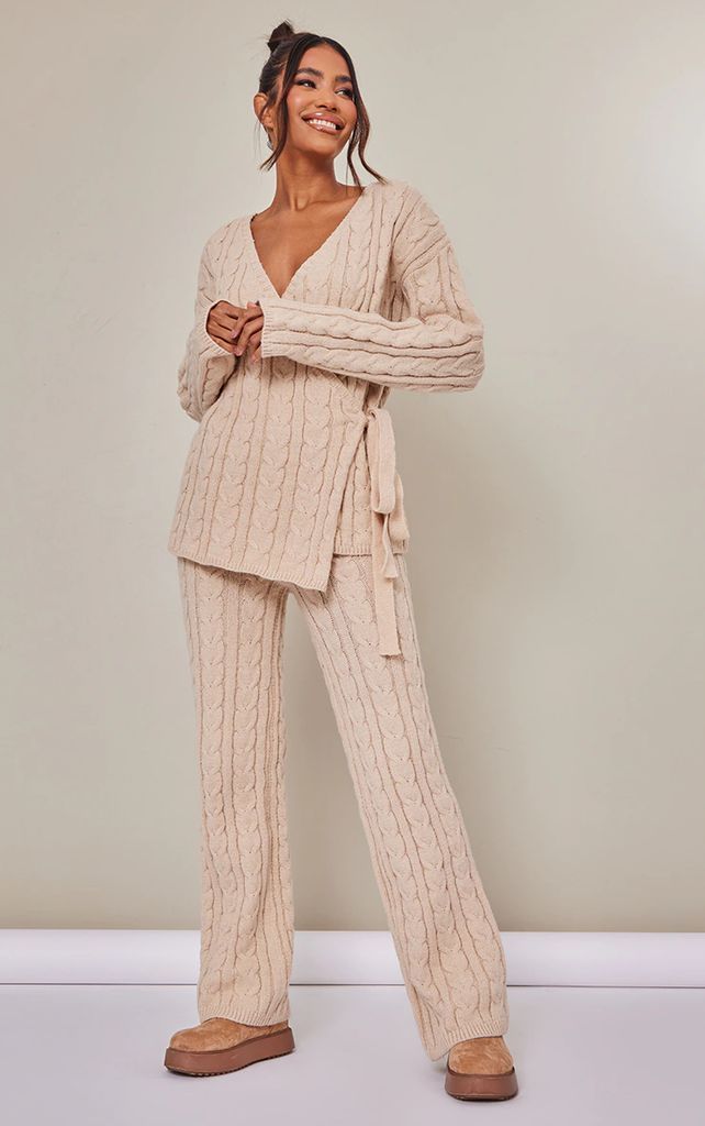 Stone Chunky Cable Knit Straight Leg Trousers