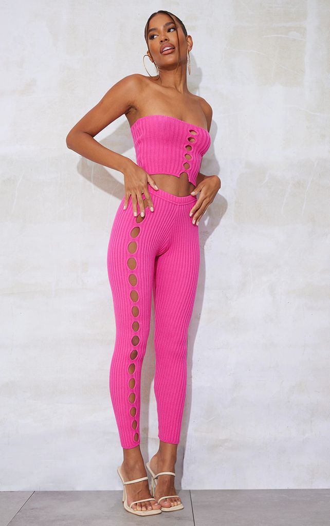 Bright Pink Soft Ribbed Cut Out Side Knit Leggings