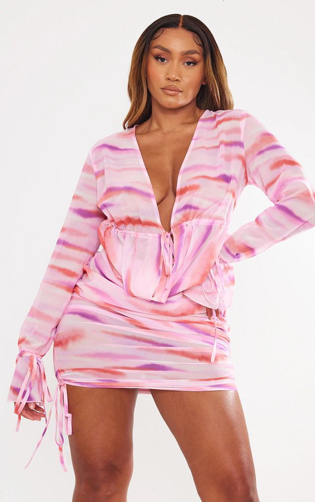 Shape Pink Printed Woven Extreme Plunge Mini Dress, Pink